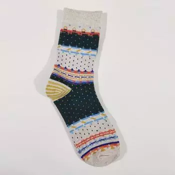 Female Spring and Autumn New Retro National Wind Drum Pile Cotton Socks 1 pair зелёный/бежевый
