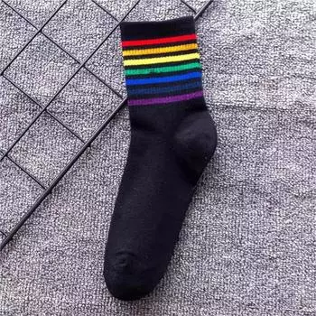 Female Spring and Autumn Street Rainbow Stripe Sports Breathable Tube Cotton Socks 1 pair