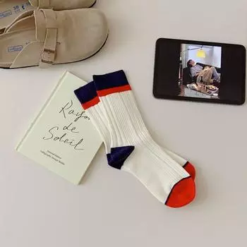 Female Spring and Summer New Trend Match Color Embroidery In Long Tube Cotton Socks 1 pair