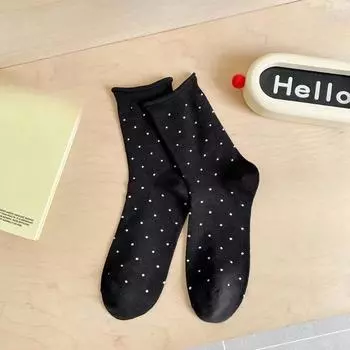 Female Spring and Summer Retro Curled Edge Polka Dots Literature Yuezi Tube Stack Socks 1 pair