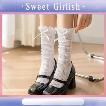 Female Spring and Summer Thin Style Bow Lace Lace Ballet Wind Drum Pile Socks 1 pair
