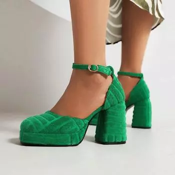 Female summer European and American fashion waterproof table square head hollow thick heel bag head hate sky high towel cloth high heel catwalk 35 чёрный