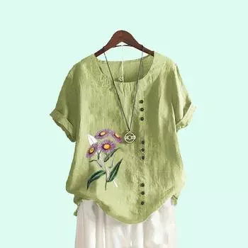 Женские летние повседневные блузки с коротким рукавом и принтом, женская блузка с круглым вырезом S-5XL, пуловер больших размеров, свободная рубашка S коричневый