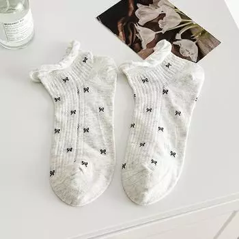 Female Summer Thin Pure Cotton Bow Lace Mesh Breathable Sweat Absorbent Low Help with All Shallow Mouth Boat Socks 1 pair