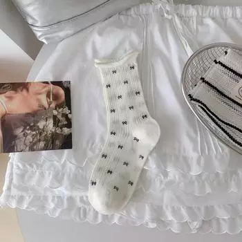 Female Summer Thin Style Bow Curled Middle Tube Pile Socks 1 pair