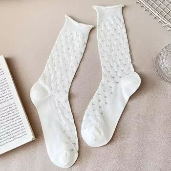 Female Summer Thin Style Hollow Lace White Tube Boneless Pile Pile Cotton Socks 1 pair