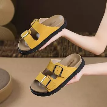 Female Thick Bottom Sandal Slippers Female Summer Outside Wear Belt Buckle Casual Beach One Word Slippers Fashion Women Summer Breathable Shoes 35