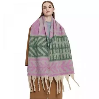 Женский теплый платок, осенне-зимний толстый шарф с принтом листьев и кисточками 02#