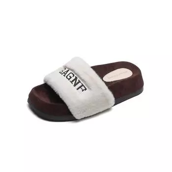 Female White Vintage Thick Sole Shoes Fashion Letter Embroidery Flat Slippers 2024 Autumn Round Toe Open Toe Warm Flat Slippers 36