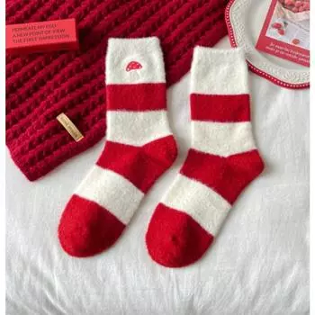 Female Winter Velvet Thickened Warm This Year Embroidered Mushroom Red Sleep Socks 1 pair