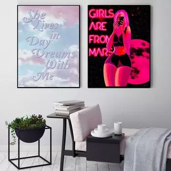 Феминистская мода неоновый эффект Марс постер девушка мощность настенная живопись холст печать печать подарок для девочек современные фотографии спальня домашний декор 21x30cm No Framed