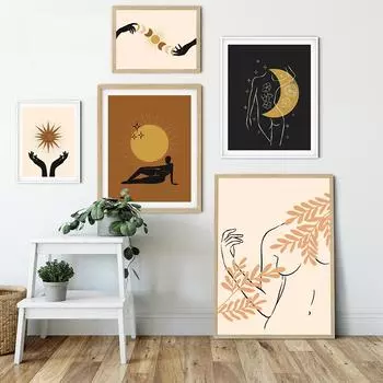Феминистский постер Ведьминское солнце и луна Художественные принты Линия Женщина Настенная живопись Холст Картины в стиле бохо для гостиной Украшение дома 21x30cm No Framed белый
