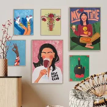 Феминизм Иллюстрация Сексуальная Девушка Искусство Плакат Скейт Повседневная Женщина Матка Холст Картина Печать Абстракция Современная Гостиная Домашний Декор 21x30cm No Framed