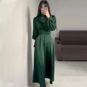 Femme Элегантное вечернее платье с длинными рукавами, летнее платье макси с высокой талией и рюшами, женское винтажное платье для отдыха в французском стиле, женское платье S зелёный