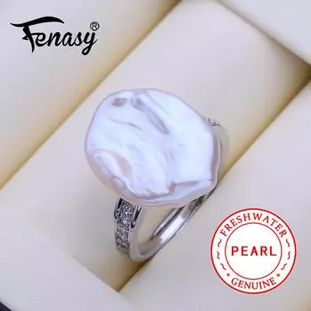 FENASY Большие кольца из натурального пресноводного жемчуга в стиле барокко для женщин, модное женское кольцо с большим жемчугом из кубического циркония, подарок на день рождения adjustable size белый