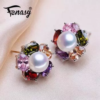 FENASY серьги с натуральным пресноводным жемчугом, модные женские серьги с яркими цветами и кристаллами для женщин, ювелирные изделия золотой