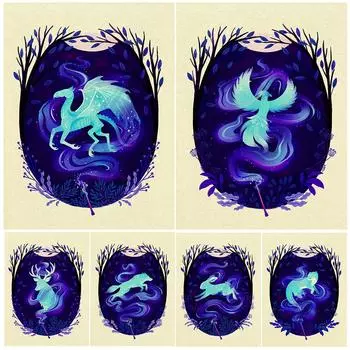 Феникс, Фестрал, Волк, Олень Фантастические существа Ретро настенная живопись на холсте 21cm30cm NoFrame