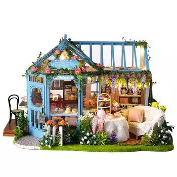 FEOOE 2024 Fun House Diy Hut Rose Garden Чайный домик Модель здания Деревянная вилла Креативный женский подарок Кукольный дом Мебель ZQW белый