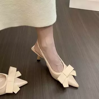 Фея бант розовые высокие каблуки сандалии мешок головы женские остроконечные знаменитости темперамент одиночные туфли 34 чёрный