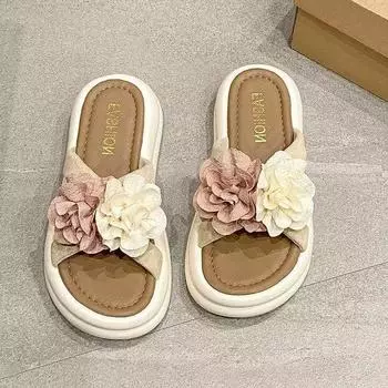 Фея сетчатая пряжа цветок толстая подошва однословные шлепанцы для девушек лето 2025 новые маленькие легкие удобные нескользящие прохладные шлепанцы 35 бежевый