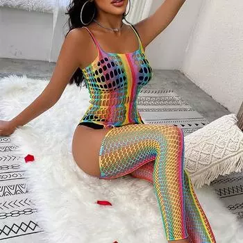 Фея сексуальное нижнее белье цветные ажурные сетчатые чулки униформа прозрачный боди радужная ажурная сетка сексуальный женский костюм нижнее белье XXS