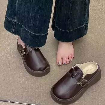 Фея ветер ретро кожаная сумка головные половинные тапочки женские 2024 осень и зима новые толстые подошвы усиливающие бархат теплый хлопковый моп 35 чёрный