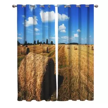 Ферма Осень Голубое Небо Белые Облака Деревья Деревенские Оконные Шторы Живописные Шторы для Гостиной Декоративные Предметы Гостиной 135W x 60H(cm)