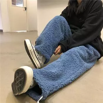 Fernan Толстые теплые женские брюки из овечьей шерсти, спортивные штаны на шнурке, большие размеры, Harajuku, зимние брюки Y2k, модные синие повседневные брюки S чёрный