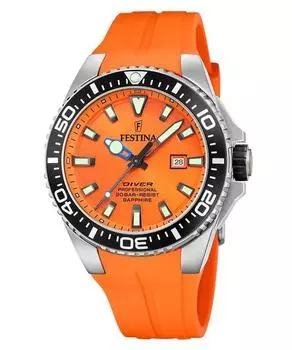 FESTINA Кварцевые мужские часы Diver с резиновым ремешком с оранжевым циферблатом F20664-4 200M оранжевый