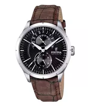 Festina ретро кожаный ремешок многофункциональные черный циферблат кварцевые часы F16573-4 мужские чёрный