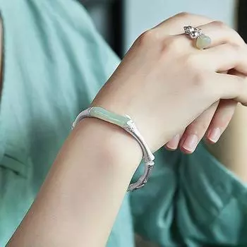 {Festival High} Браслет из бамбука в китайском стиле, женский браслет из стерлингового серебра 925 пробы, открытый браслет в стиле ретро, этнический стиль, на руку adjustable opening белый