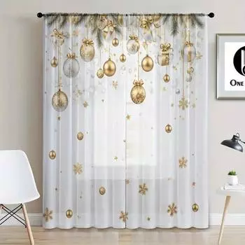 Festive 2-Piece Window Sheer Curtain with Golden Christmas Balls and Snowflakes - Perfect for Holiday Decorating 2x50W130H(CM)40x51in&Hook