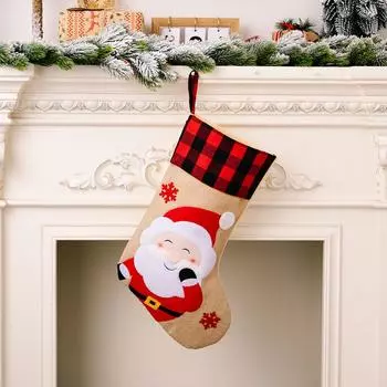 Festive And Red Black Checkered Burlap Christmas Stockings With Santa Snowman Reindeer Santa Sock
