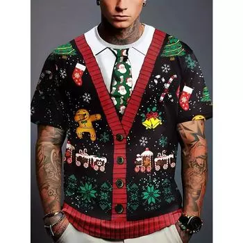 Праздничная рождественская 3D-печать с изображением лося, красная футболка, футболка для вечеринки и улицы, топы с коротким рукавом, рубашка с круглым вырезом, мужская одежда, футболки Y2k для мужчин S