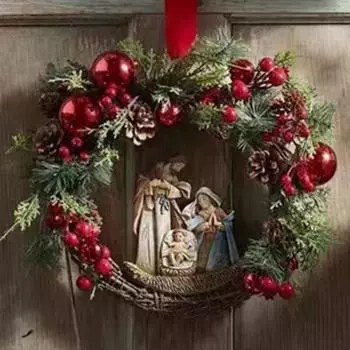 Festive Jesus And Virgin Mary Flower Wreath Red Cross Star Lights Decoration For Christmas Celebration StyleE