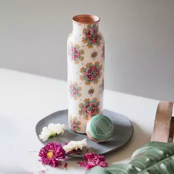 Festive Pure Copper Bottle (White) 1000ML | 99.8% Pure Copper | Ayurvedic Health Benefits | Leak-Proof & Durable | Handcrafted by Rural Artisans