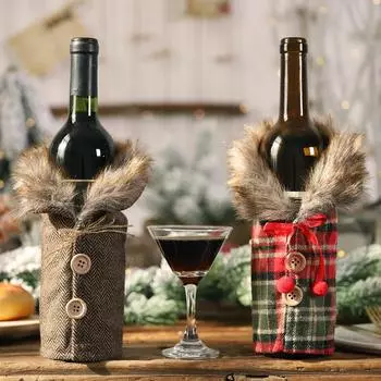 Festive Themed Wine Bottle Dress Cover Red Plaid Polyester Sweater Design with Faux Fur Collar for Holiday Party Home Decor Gift 24-12cm