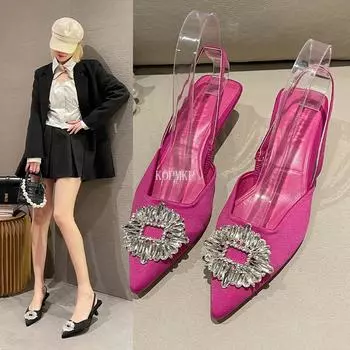 Фетиш с острым носком и кристаллами, роскошные дизайнерские женские туфли из флока, экстремальные сабо на тонком каблуке, женские сандалии, сексуальная обувь, женские туфли-лодочки с открытой пяткой 42 чёрный