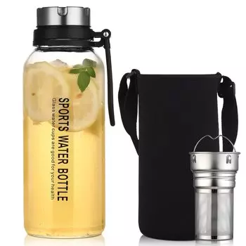 fexmoy Стеклянная бутылка для воды 1 Большая бутылка для чая с чаем Стакан для чая Водные виды спорта Широкое горлышко Прямая утечка Термостойкий Легко для бутылки, бутылки, бутылки,