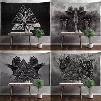 FFO Шлем Викинга Череп Молот Одина Миф Рог Печатный Узор Гобелен Главная Спальня Гостиная Настенный Декор Фон Тканевый Гобелен 100x75cm