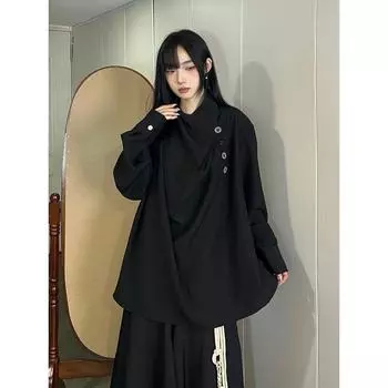 Fg721 Original Niche Fall and Winter Asymmetrical Shirt Black L