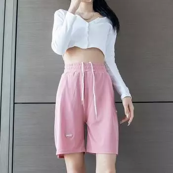 FGHJ Летние женские спортивные повседневные шорты с эластичной резинкой на талии, свободные дышащие брюки для бега S чёрный