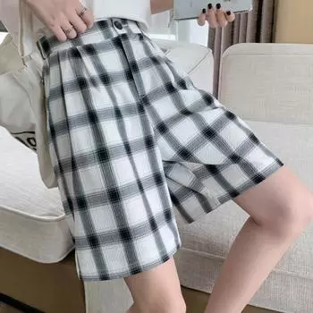 FGHJ Новые весенне-летние клетчатые широкие шорты для женщин 2021, повседневные шикарные свободные шорты с высокой талией в уличном стиле, женские костюмы, шорты, новинка S белый