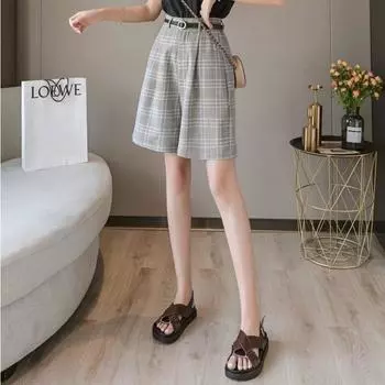 FGHJ S-3XL шорты с поясом и высокой талией, летние винтажные клетчатые костюмы с широкими штанинами, короткие женские элегантные универсальные шорты с прямым поясом для девочек S серый