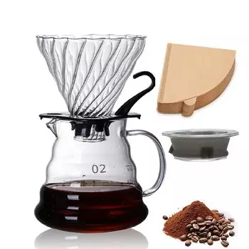 FGIUKC Кофейный сервиз, термостойкое стекло, пластиковая стойка, кофейная воронка 600 мл со шкалой для 2–4 человек, кофейная воронка с крышкой и стеклянной ручкой