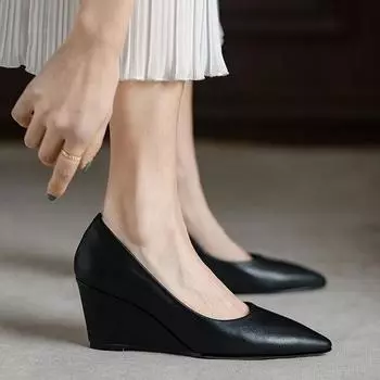 FHANCHU Европейские 2025 Весна Замшевые Кожаные Клинья Туфли-лодочки,Женские Туфли,Высокие Каблуки,На Слипонах,Острый Носок,Черные,Дропшиппинг 34