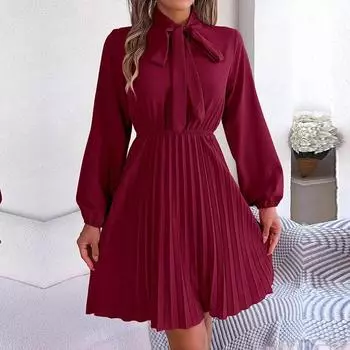 Ficusrong женское осенне-зимнее темпераментное однотонное плиссированное платье на шнуровке с высокой талией и длинными рукавами S зелёный