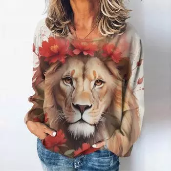 Женские футболки с принтом «Жесткие животные и тигры», одежда на осень/зиму, футболка с длинными рукавами, повседневная, свободного размера, уличная одежда 2024 года, новинка S