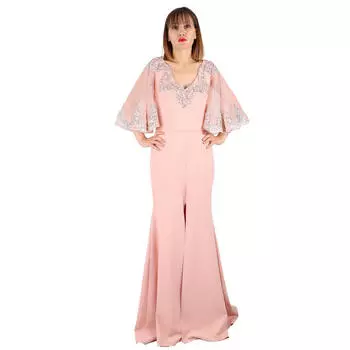 Fierte Жен. Вечернее платье Crd4377 V-образный вырез Кружевная деталь Глубокая спина Низкий вырез Волан Рукав до локтя Рыбная юбка Креп Помолвка Свадьба Серебряная пудра Фиолетовый Красный Сирень