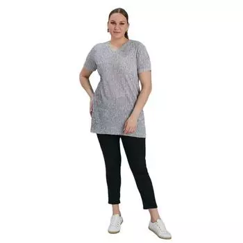 Fierte Женская футболка большого размера Rg4632 V-образный вырез Длинный боковой разрез Серебристый в рубчик Спорт С коротким рукавом Черный Серый